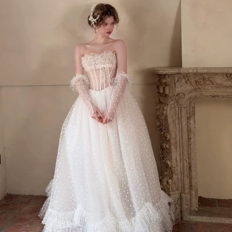 Wedding Dress Strapless French Polka Dot Corset Strapless Light Wedding Dress Detachable Long Sleeve Princess Puffy Dress