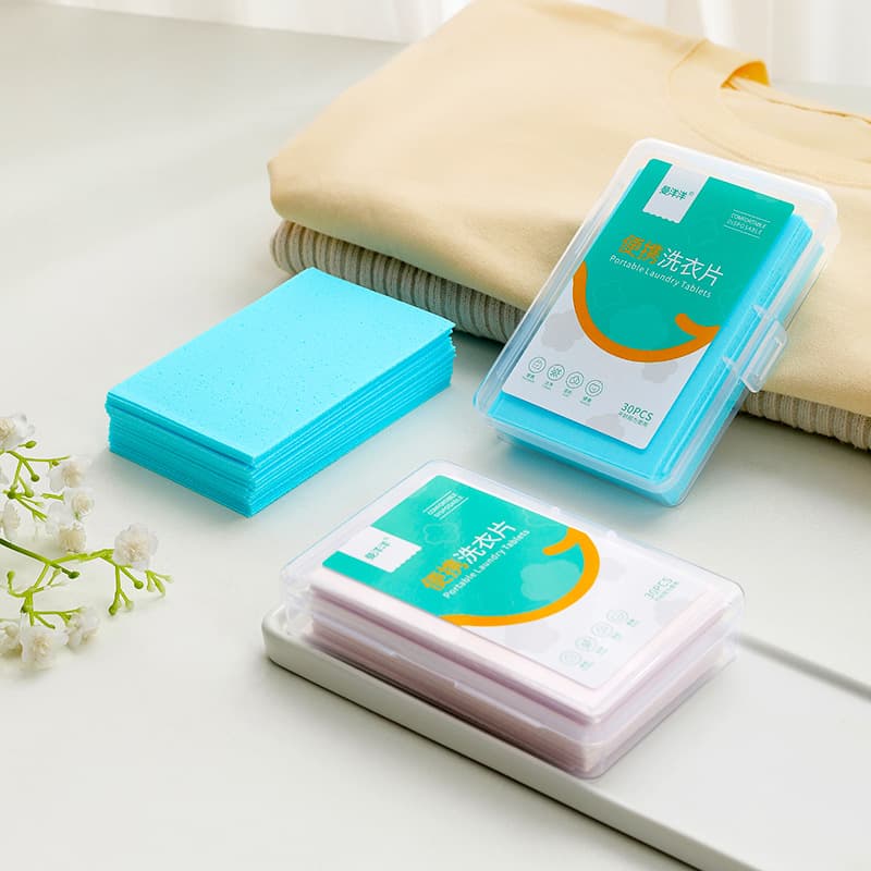 Concentrated laundry detergent sheets, boxed laundry bubble wrap, portable travel pack, powerful stain removal, long-lasting fragrance.