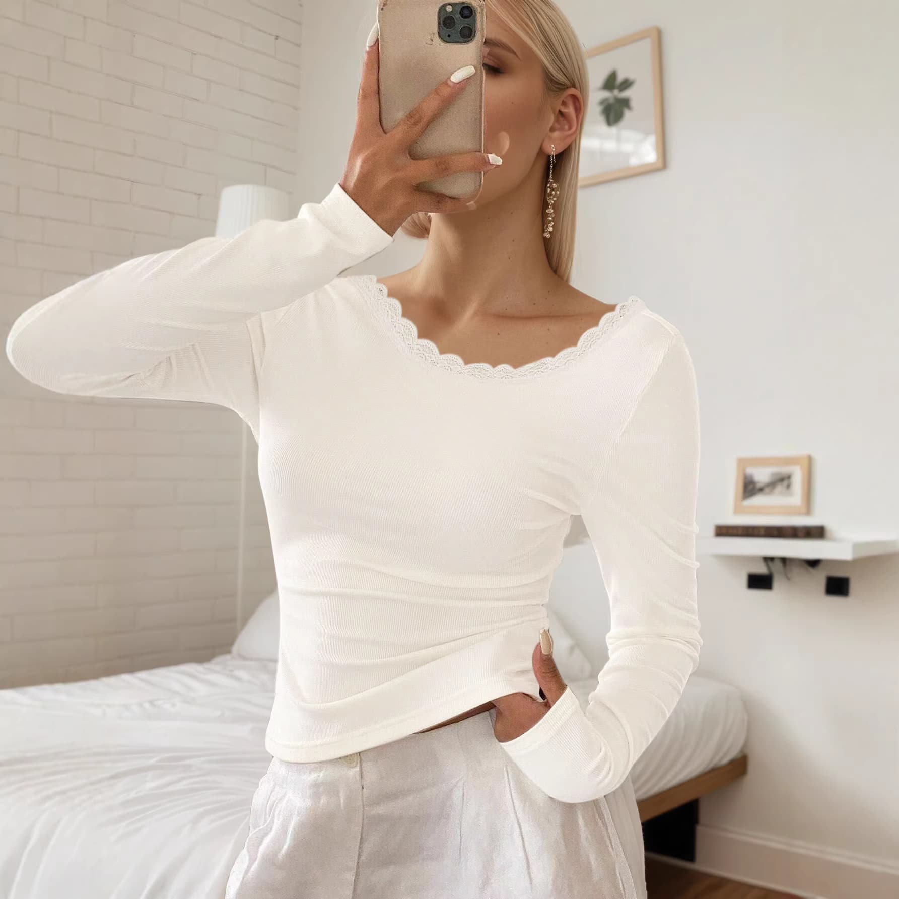European and American Amazon Best-Selling Lace Trim Ribbed Sexy Sweet Spicy Backless Slim Fit Long Sleeve Top