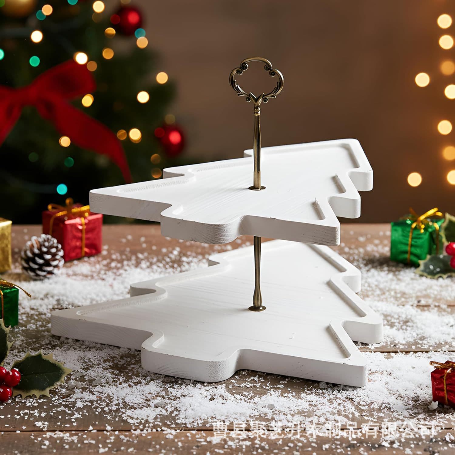 Nordic-style 2-tier Christmas tree tray, wooden cupcake stand, dessert display, and Christmas solid wood serving plate