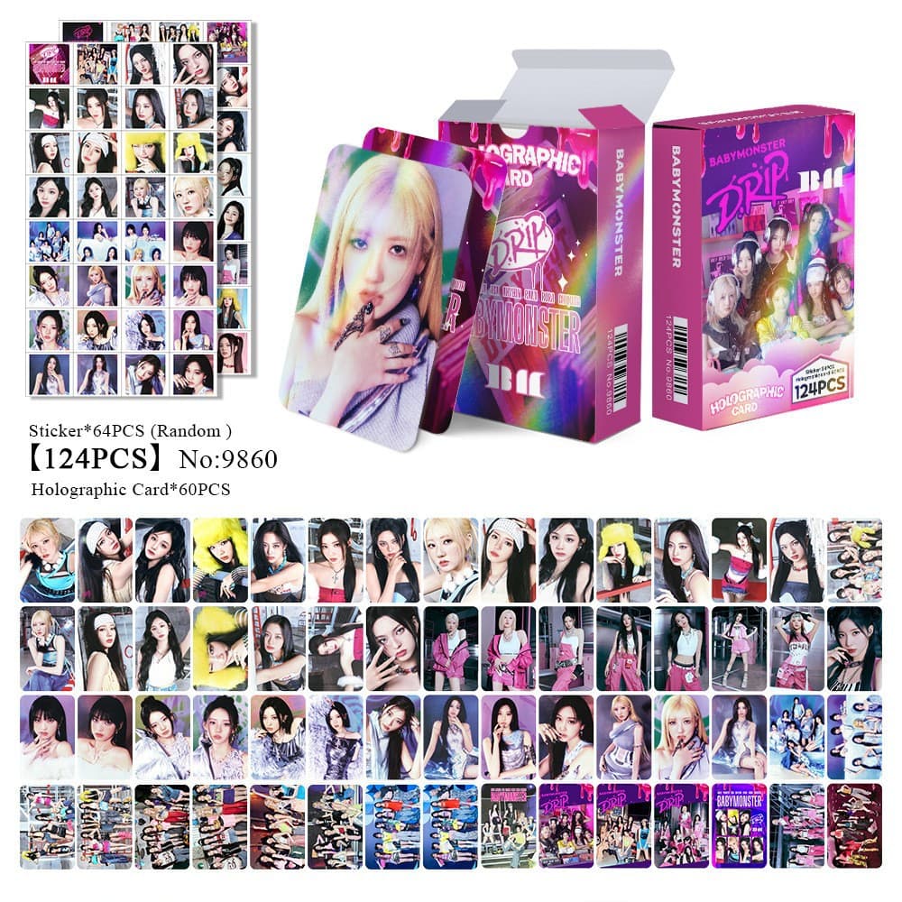 Cross-border supply of 124 BabyMonster laser cards in stock, celebrity stickers, KPOP peripheral LOMO cards