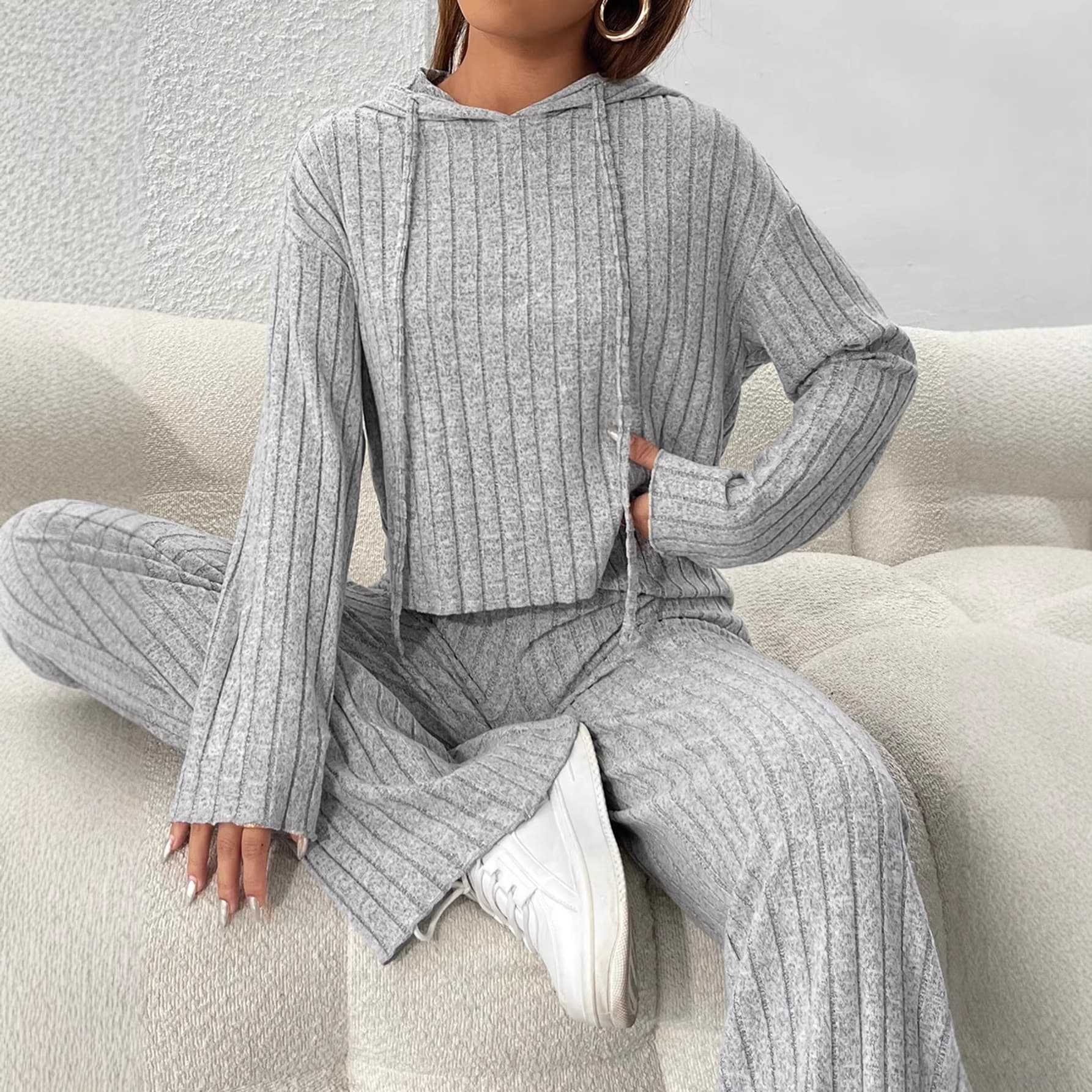 Spring Autumn Winter New Cross-Border European American Women's Simple Hooded Fashion Solid Color Lazy Long Sleeve Long Pants Two-Piece Set