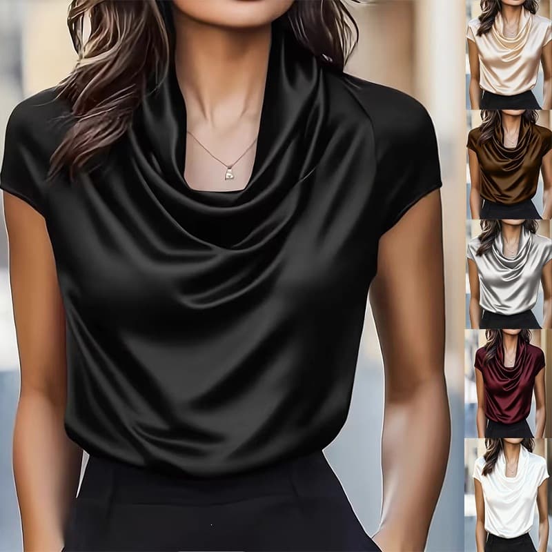 Luxury Satin Draped Neckline Short-Sleeve Top for Women Elegant Flowing Pleated Loose-Fitting Office Versatile Shirt