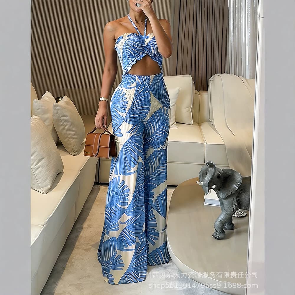 2026 New Cross-Border European and American Women's Fashion, Full-Body Floral Print, Sexy Halter Neck, Waist-Revealing, Ruched Long Mermaid Dress