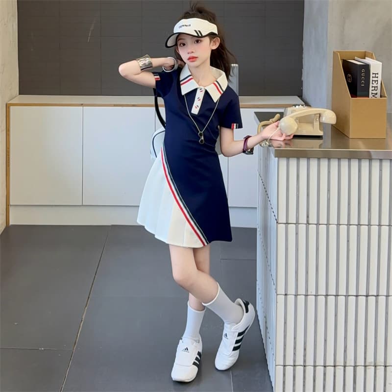 Girls' Korean Sports Polo Dress 2026 Summer New Arrival Children's Casual Preppy High-End Short-Sleeve Skirt