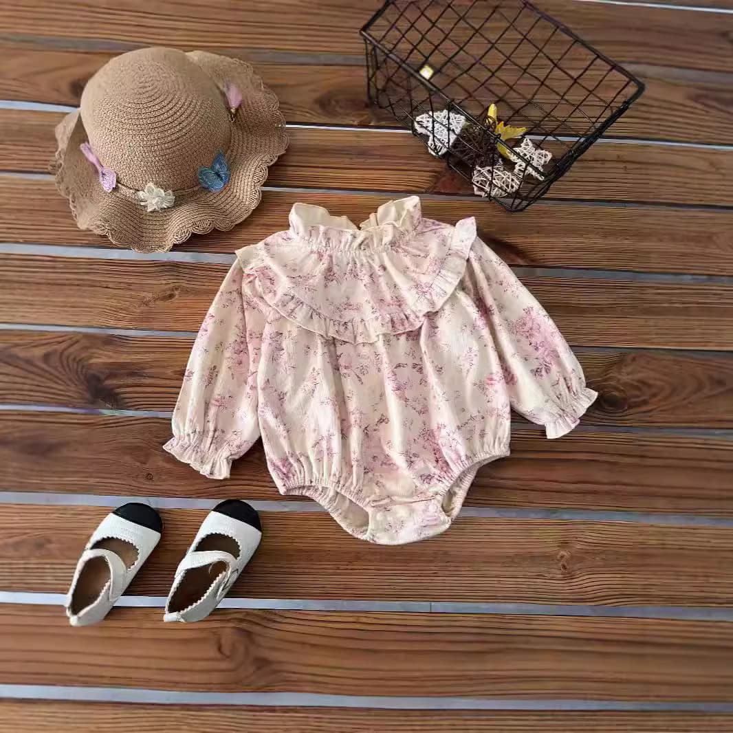 Autumn/Winter Baby Girl Floral Ruffle Long-Sleeve Stand Collar Going-Out Triangle Bodysuit