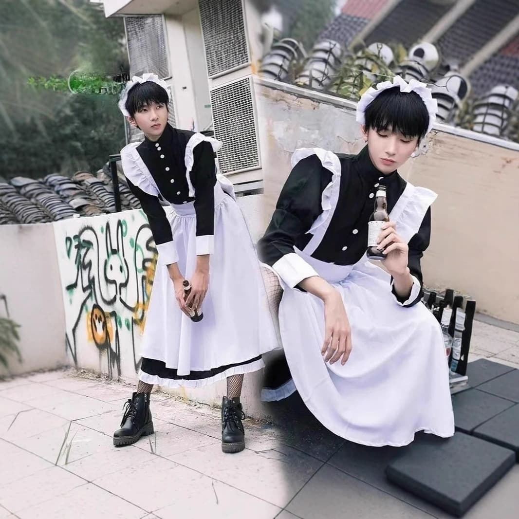Maid Dress for Men Daily Cosplay Cute Japanese Lolita Skirt Anime Maid Uniform Lolita Black Unisex