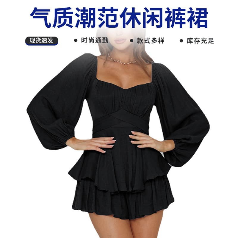 European and American Urban Fashion Ruffle Jumpsuit for Women, Summer Lantern Long Sleeve Square Neck Waist-Tied Chic Casual Pants Skirt