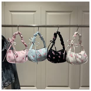 Korean Style Sweet Underarm Bag for Women 2026 New Bow Floral Handbag Niche Drawstring Versatile Shoulder Bag