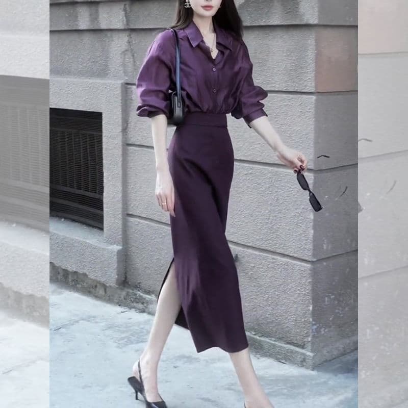 Spring Outfit Set: Sophisticated and Professional Women's Purple Blouse and Skirt, Salt-Style Light Mature Two-Piece Suit