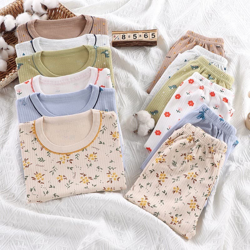 [Custom] Kids Thermal Underwear Set Boys Girls Spring Autumn Pajamas Thickened Pure Cotton Jacquard Loungewear