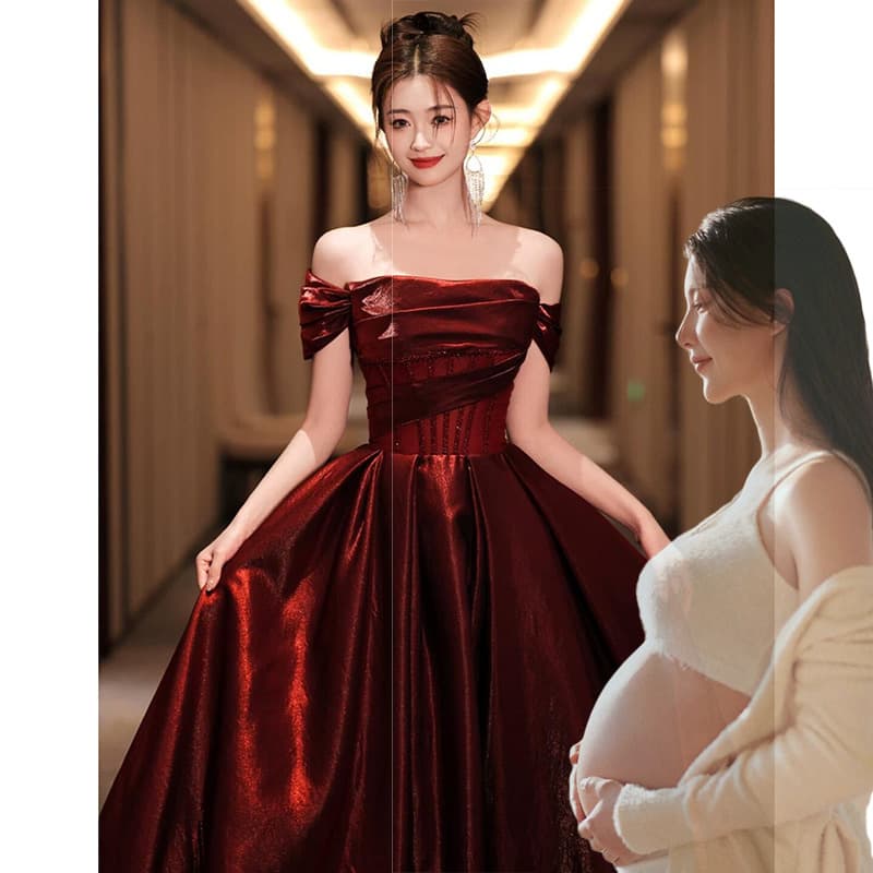 Maternity toast dress bride one-shoulder red engagement dress high-end banquet adult ceremony dress fat mm plus size
