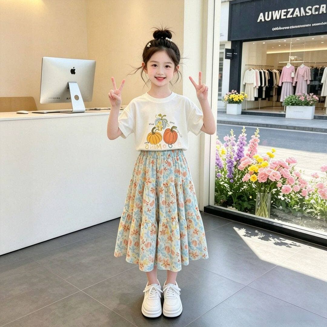 Girls suit summer 2026 new medium and large children floral skirt long skirt girl summer short-sleeved T-shirt skirt