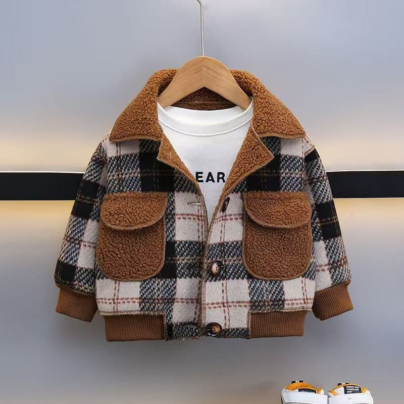 Boys Plaid Coat Fall Winter 2024 New Kids Fleece Lined Thickened Korean Style Deep Autumn Early Winter Toddler Warm Short Style