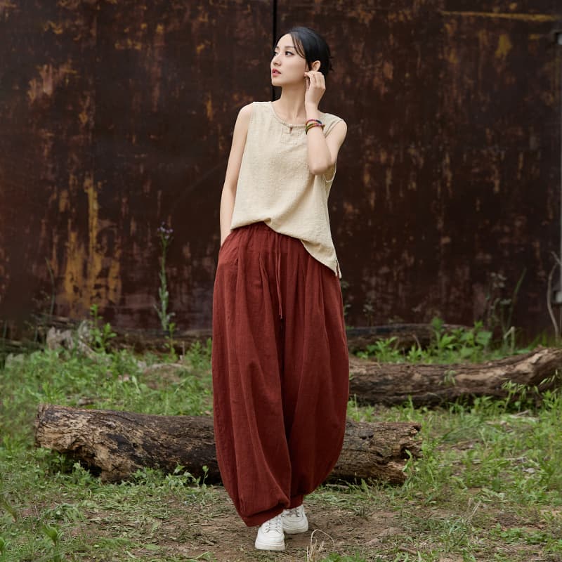 2026 Spring/Summer Linen Cotton Women's New Ramie Sandwashed Pants, Elastic Waist with Drawstring, Versatile Casual Harem Pants