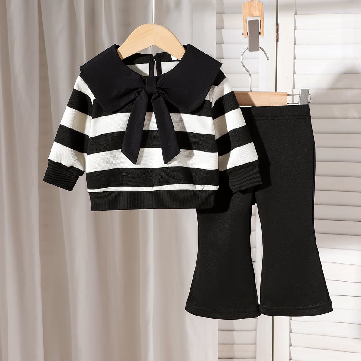 Baby Girls Clothes 0-3Y Long Sleeve Striped Peter Pan Collar Sweatshirt + Flared Pants