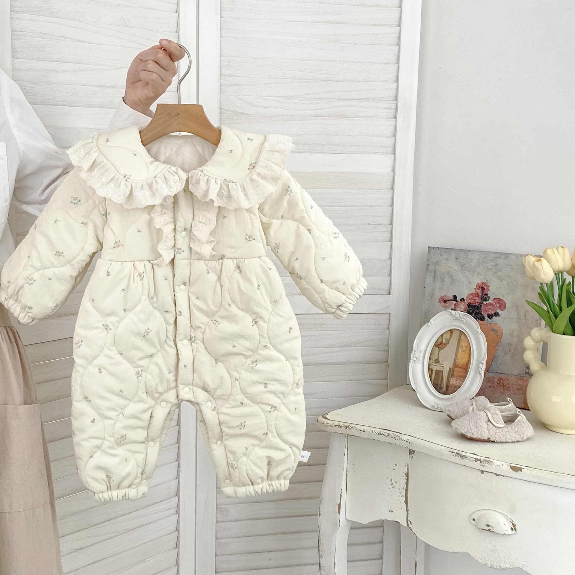Baby Outdoor Wear, Winter Clothes, Thickened Warm Romper, Infant Lace-Trim Floral Print Crawling Suit