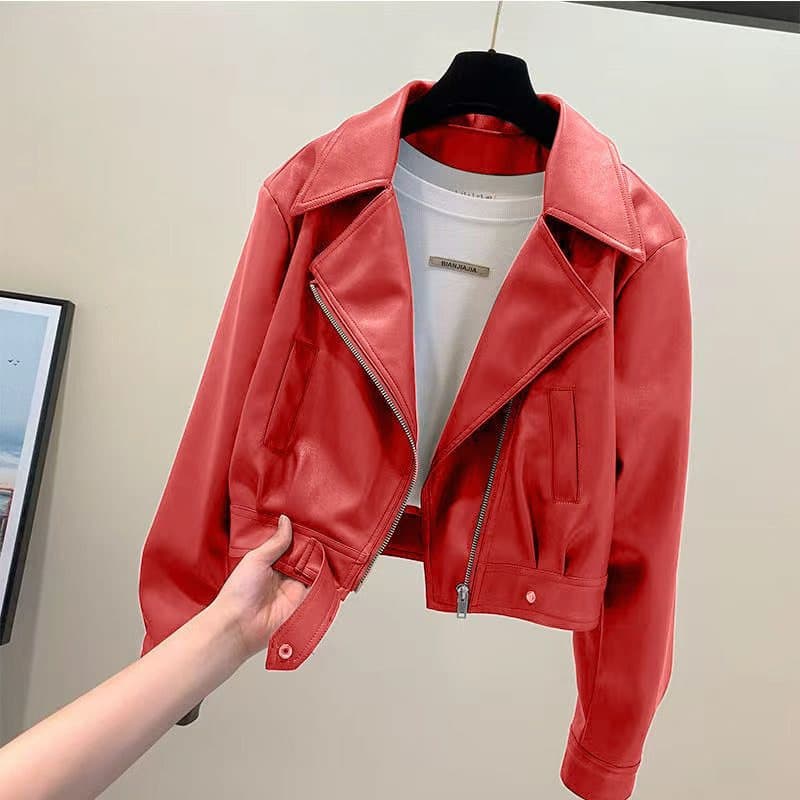 Red PU Leather Jacket for Women 2026 Fall New Style Elegant Lapel Short Fit Slim Cropped Jacket