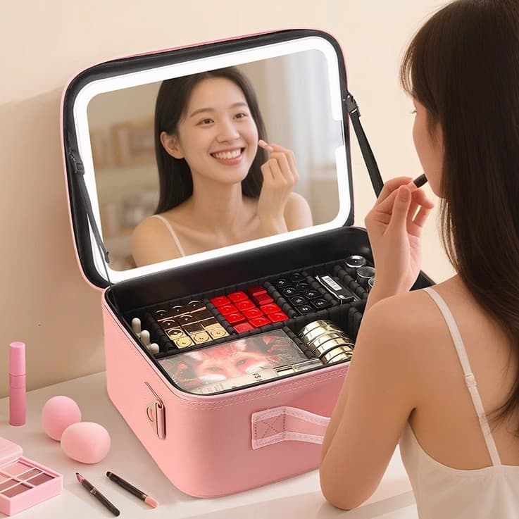 Makeup Bag with LED Light Mirror, Skincare Storage, High-Capacity Cosmetic Organizer, Handbag Style, Ins