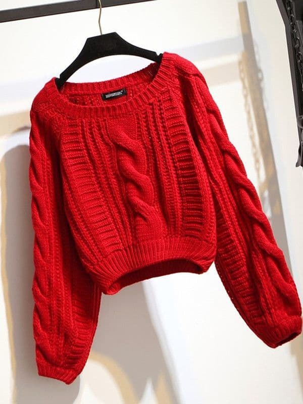 Bright Red Braided Sweater Women Loose Outerwear Autumn/Winter New Style Short Pullover Chunky Yarn Thickened Korean Version Lazy Style
