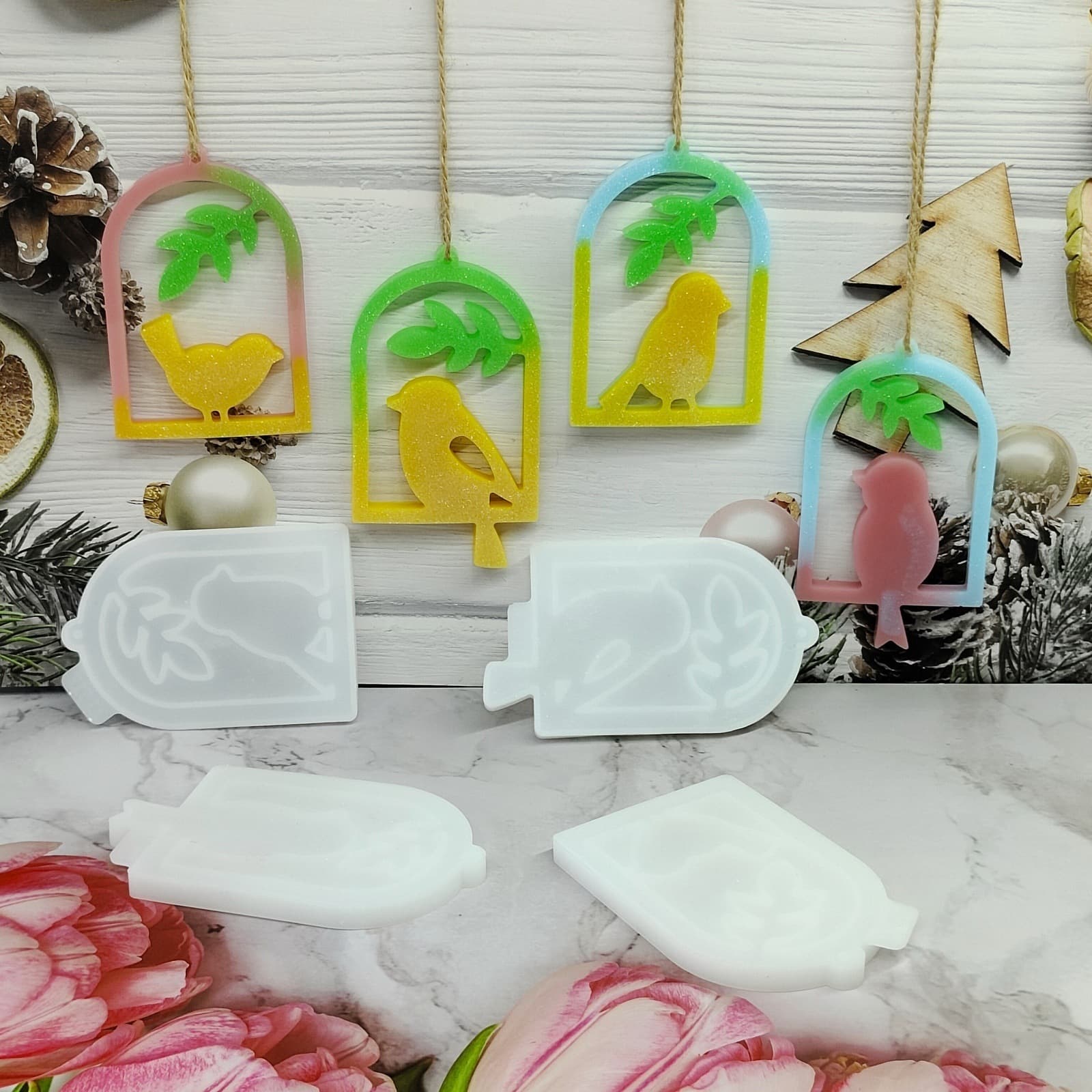 X1514+X1515+X1516+X1517 Cage Bird Pendant Decorative Cement Plaster Mold DIY Silicone