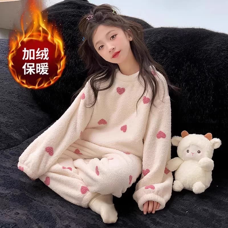 Girls' Pajamas 2026 New Style Big Kids Baby Girls Autumn Winter Coral Fleece Homewear Kids Warm Fleece Set