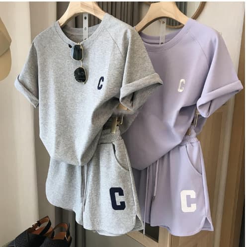 Korean Japanese Sports Set Women Summer Thin Fish Scale Embroidery Loose Plus Size Short Sleeve Shorts Two Piece Set Polyester