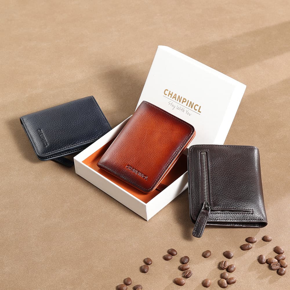 Mini Boxed Men's Wallet Top Layer Cowhide Zipper Anti-Theft RFID Pure Color Polyester Lining Leather Wallet Chinese Brand
