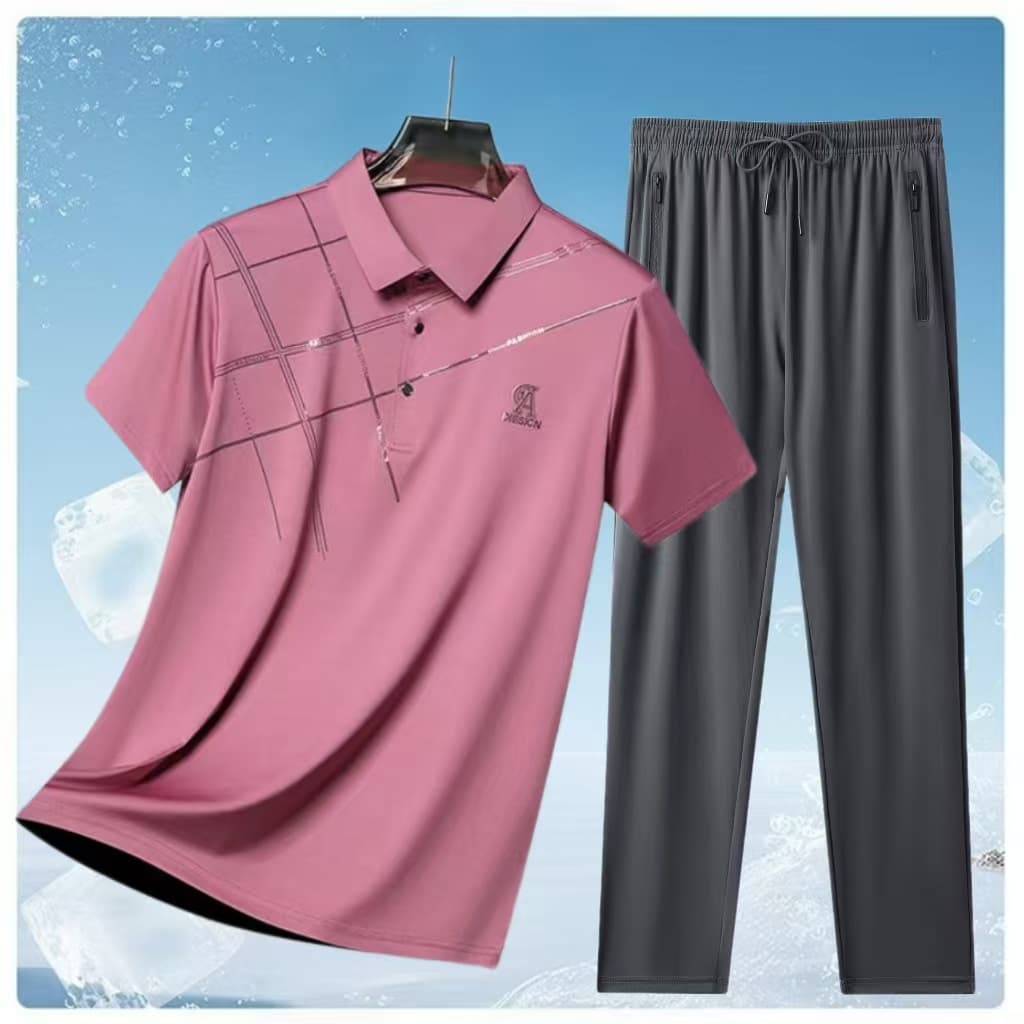 Ice Silk Men's Short Sleeve T-Shirt and Pants Set, Polo Shirt for Men, Father's Summer Outfit, 2-Piece Set