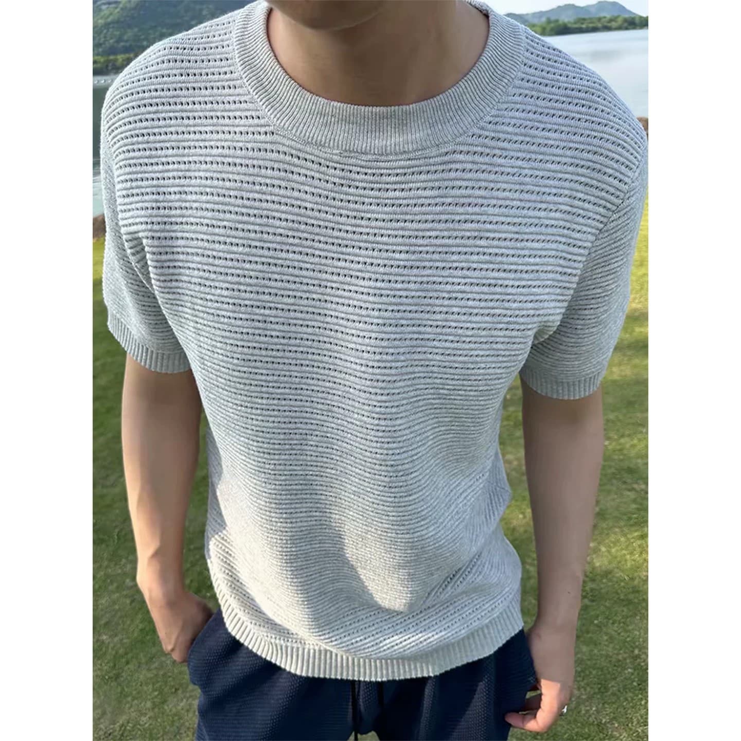 Men's summer fashion old money style hollow knitted short-sleeved men's American-style right shoulder high-end mesh loose T-shirt