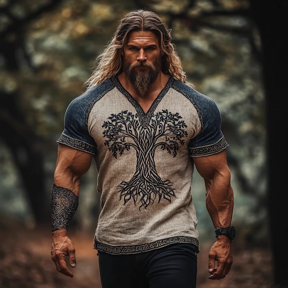 European and American Cross-Border Summer Men's Linen Short-Sleeve Loose Casual Round Neck T-Shirt 3D Ethnic Style Digital Print Short-Sleeve