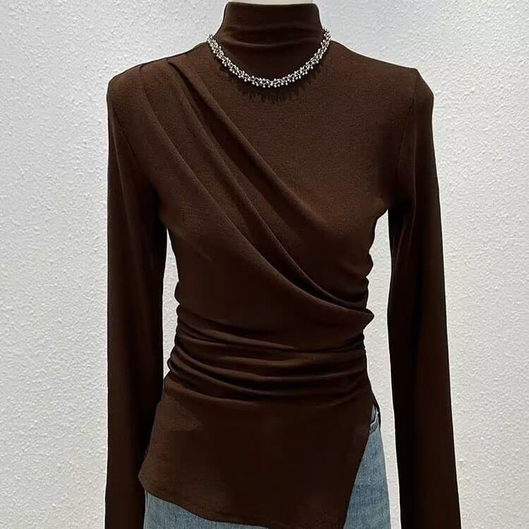 European-style designed half-high collar long-sleeve top for women, autumn fashion, stylish slim-fit base layer with side slit