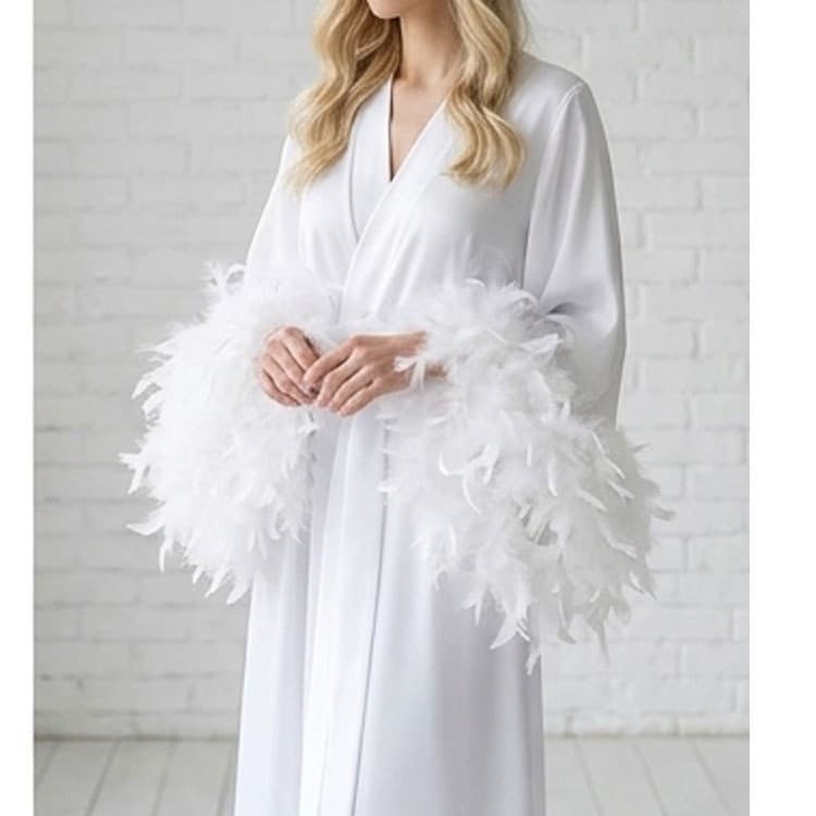 Cream white women's robe cuffs feather kimono women's casual home bride spring and autumn boudoir dressing gown cardigan robe