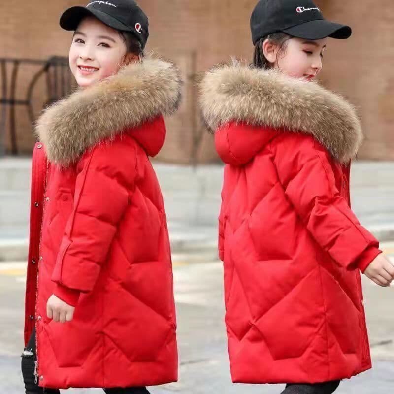 2024 Winter New Girls Cotton Coat, Kids Medium & Large Size Mid-Length Thickened Down Cotton, Big Fur Collar Hooded Puffer Jacket