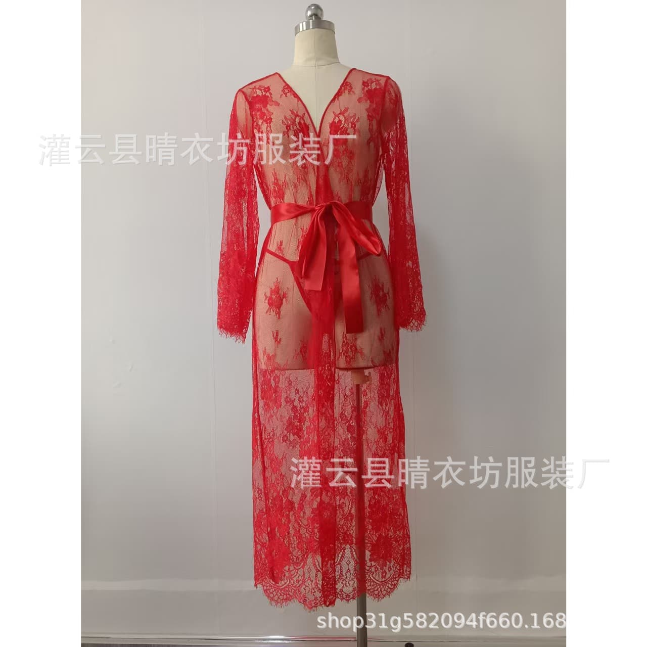 Cross-border Amazon Best-selling Women's Lace Sheer Tie Bathrobe Sleepwear Drop Shipping