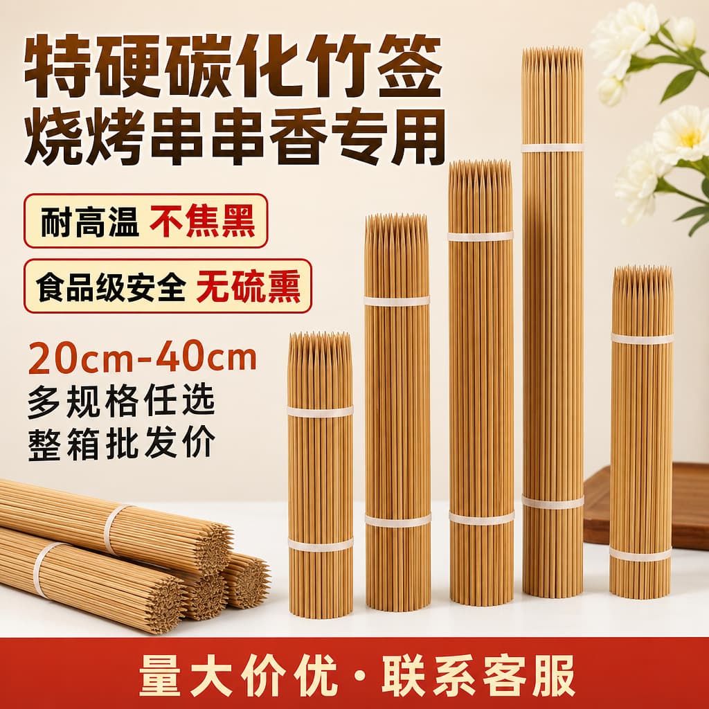 Carbonized barbecue skewers, fried skewers, Bobo chicken, grilled sausages, oden cooking bamboo skewers, disposable bamboo skewers, carbonized skewers wholesale