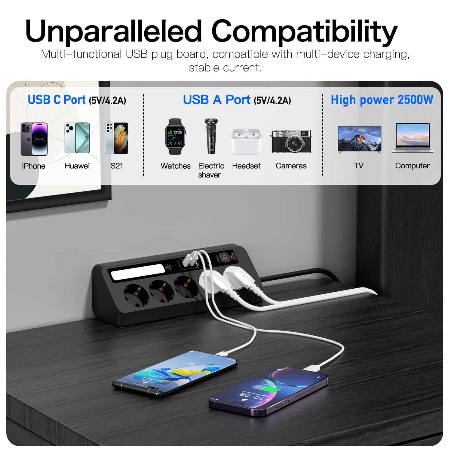 Amazon cross-border exclusive extension cord European power strip with 5 holes, 2C2A high-power socket, touch-activated tricolor night light