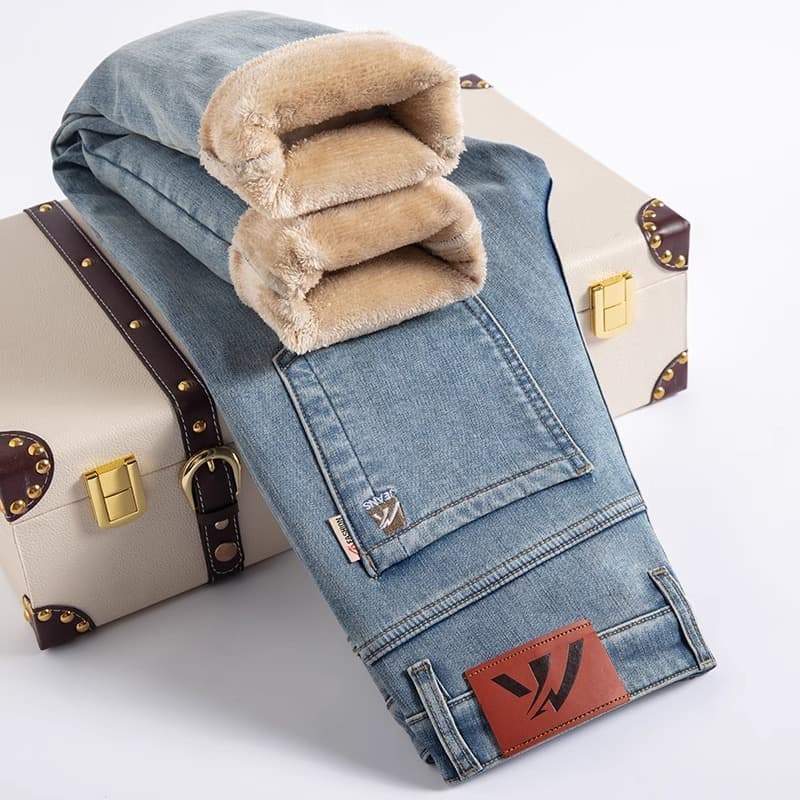 Winter velvet thickened men's jeans trendy brand 2024 new loose straight winter warm casual pants