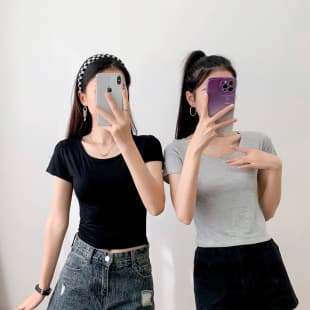 Short Sleeve T-Shirt for Women, Cropped Fitted Reduced Collar Top, Summer Modal Short Sleeve Base Layer, High Waist Belly Button Revealing Top
