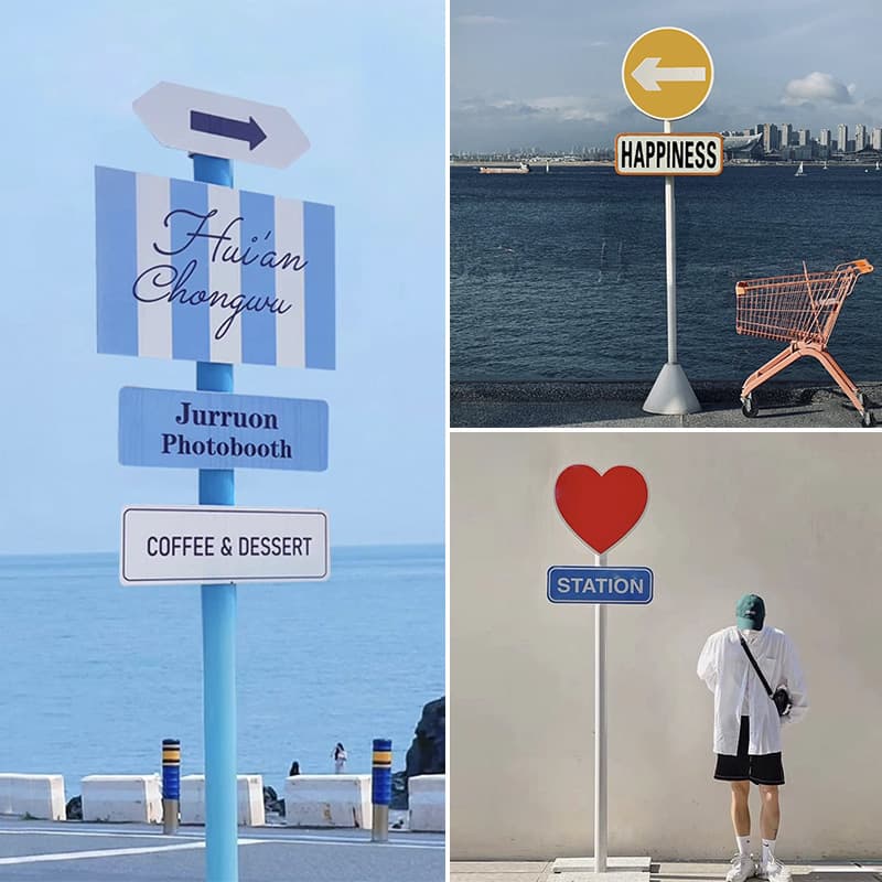 Instagram-style photo spot directional sign, wayfinding sign, shop sign, influencer guide sign, coffee camping indicator sign