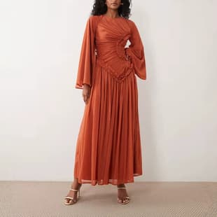 2026 New Summer European & American Amazon Cross-border Women's Fashion Round Neck Long Sleeve Pleated Elegant Dress