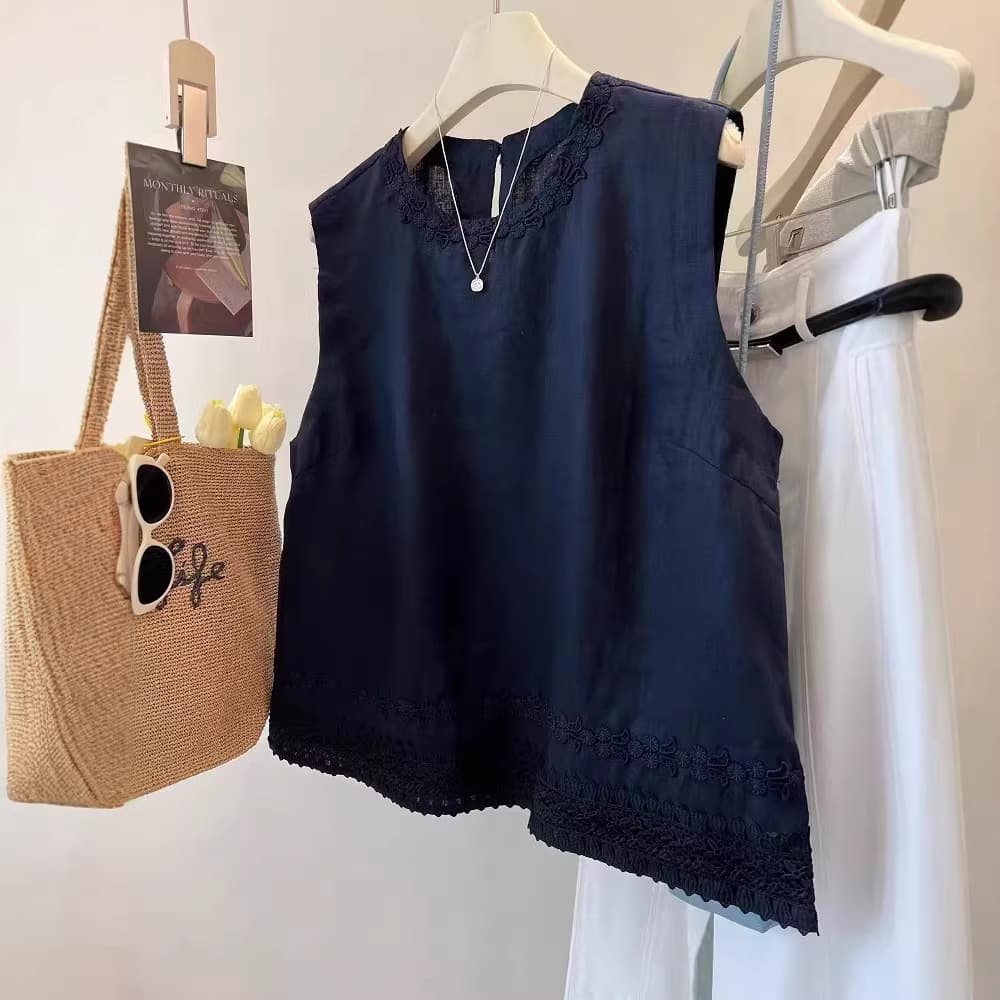 240 Jin Heavy Embroidery Linen Lace Sleeveless Vest Shirt Women's Summer High Quality Loose Round Neck Vest Top