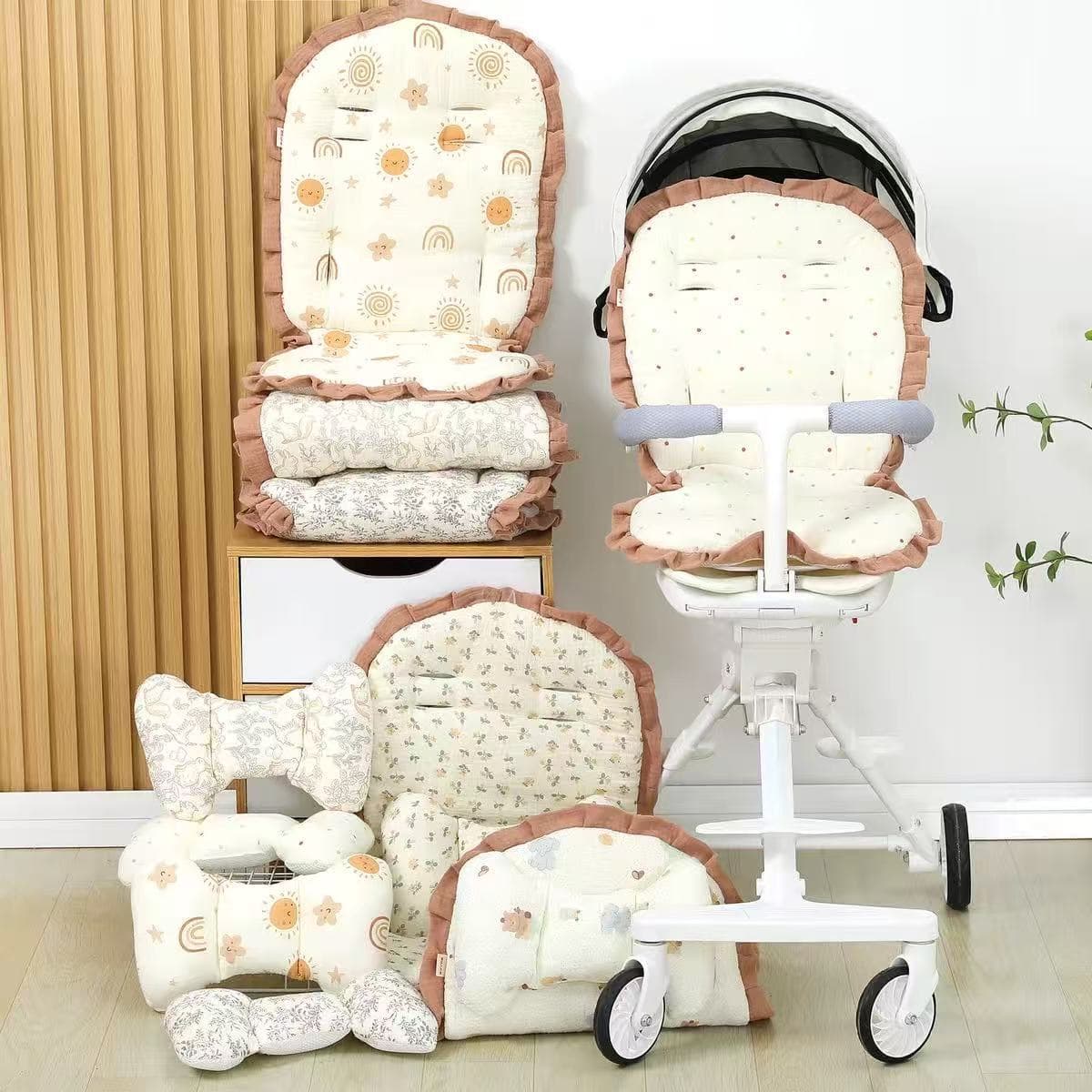 Stroller Pad with Pillow Cartoon Crepe Warm Pad Baby Soft Ruffle Stroller Cushion Travel Essential Cross-border