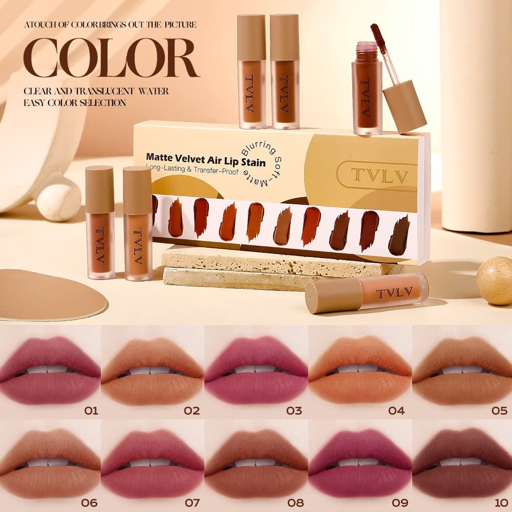 Cross-border TVLV matte velvet air lip glaze set non-stick cup 10-color lipstick long-lasting waterproof non-fading lip gloss