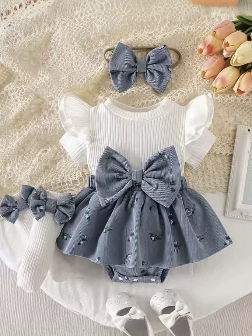 Baby Girls Clothes 0-12M Baby Girls Fly Sleeve Corduroy Harness Dress + Headband + Socks