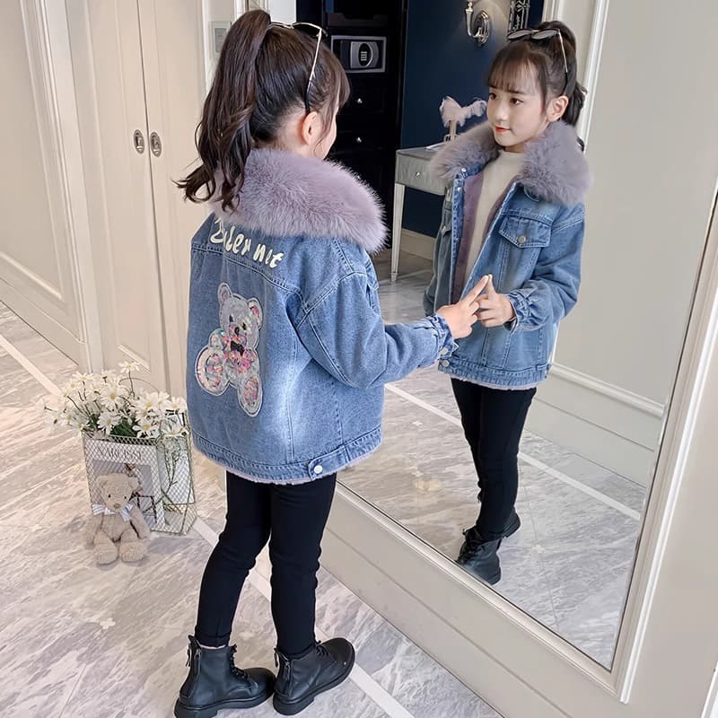 2024 New Style Fleece-Lined Jacket for Girls, Denim Autumn and Winter, Thickened, Large Children's Clothing, Winter Cotton-Padded Jacket for Girls
