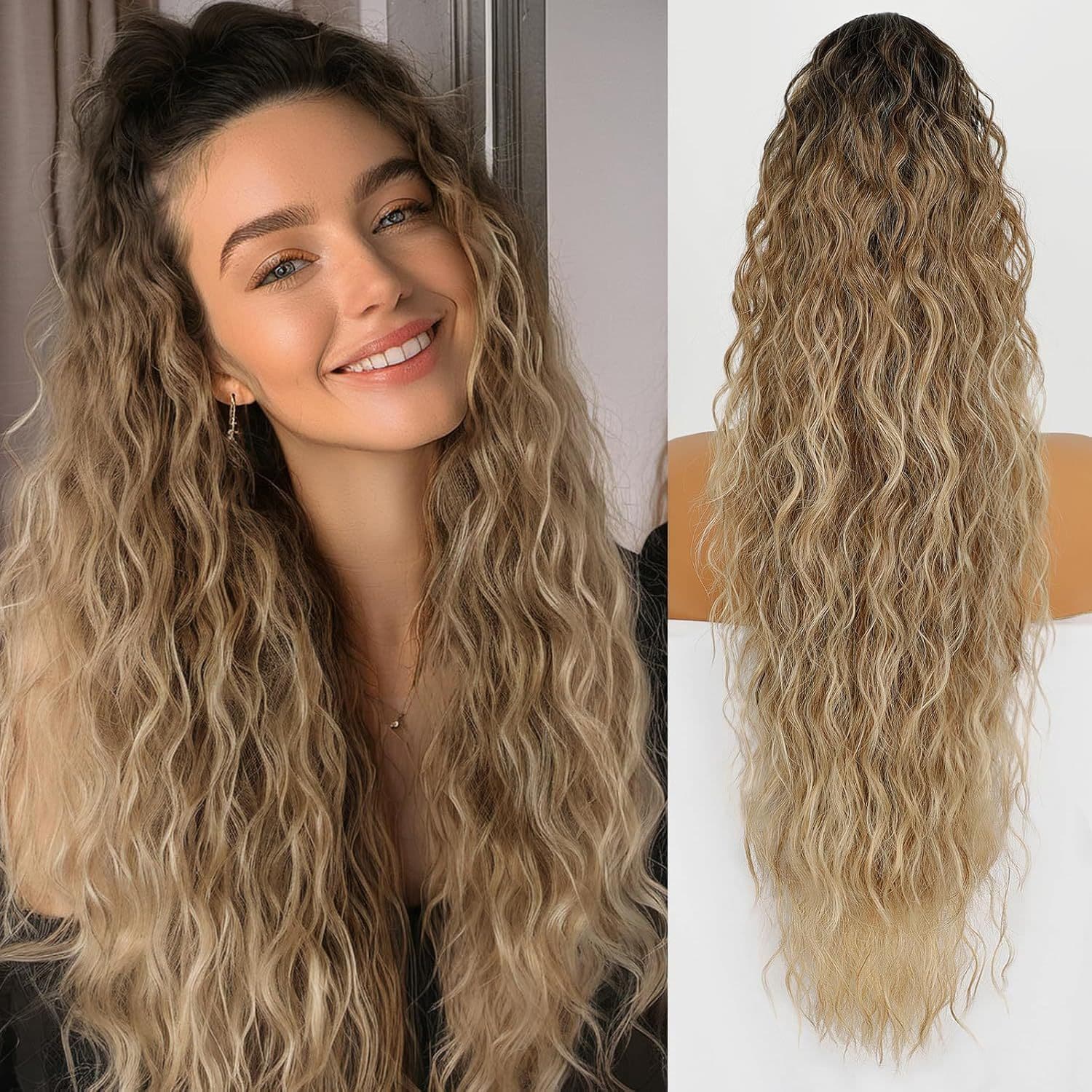 European and American style wigs, ponytails, long wavy curls, voluminous perm, hair clips, 30-inch hair extensions, Pony