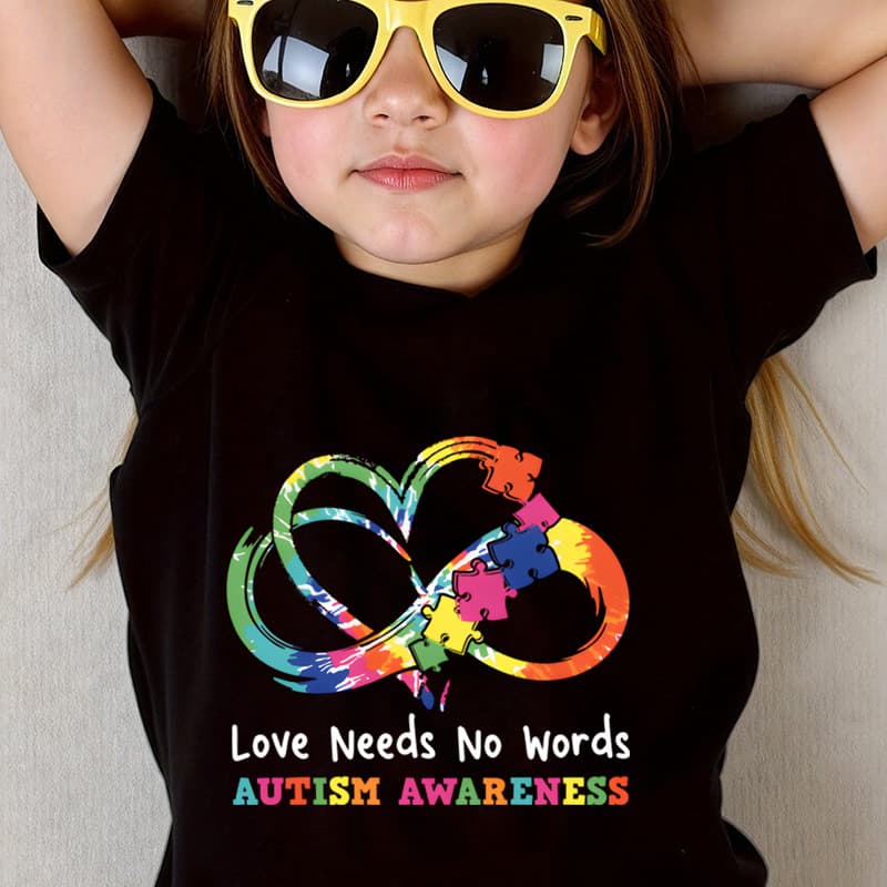 Europe and America Autism Love Heart Loop Print T-Shirt Cotton Crew Neck Short Sleeve Kids Clothing 60202-3
