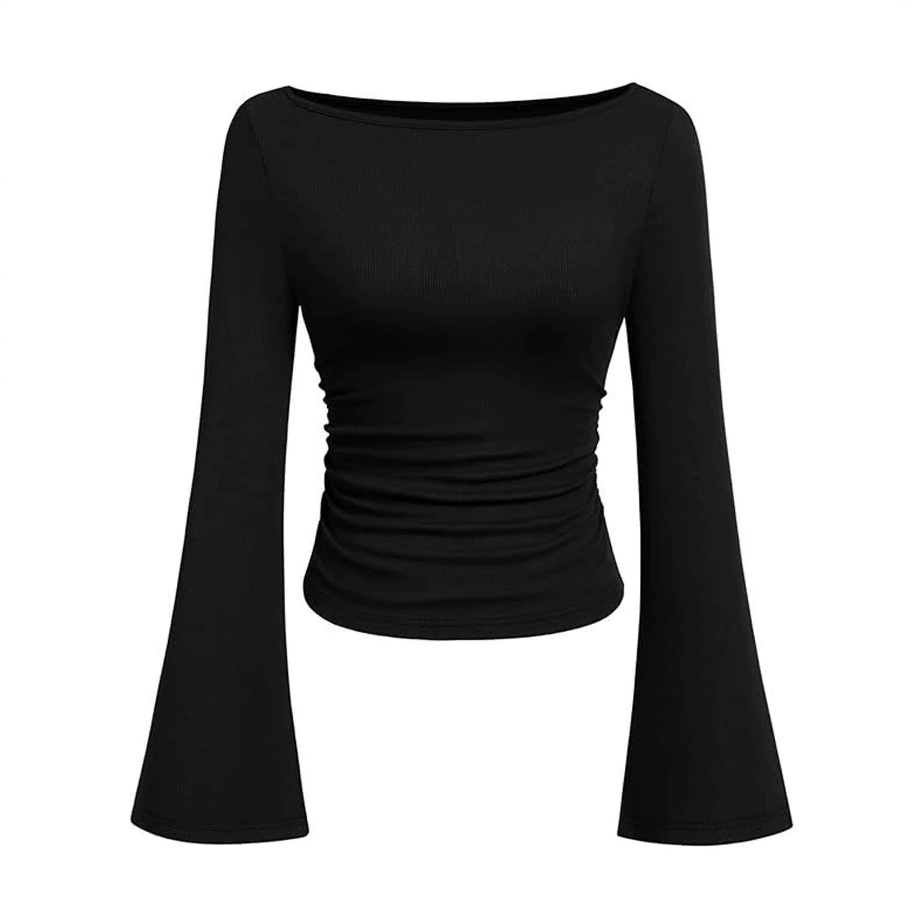 Women's Long-Sleeve Top New Spring/Fall Outing T-Shirt Casual Boat Neck Flared Sleeve Ribbed Front Pleat
