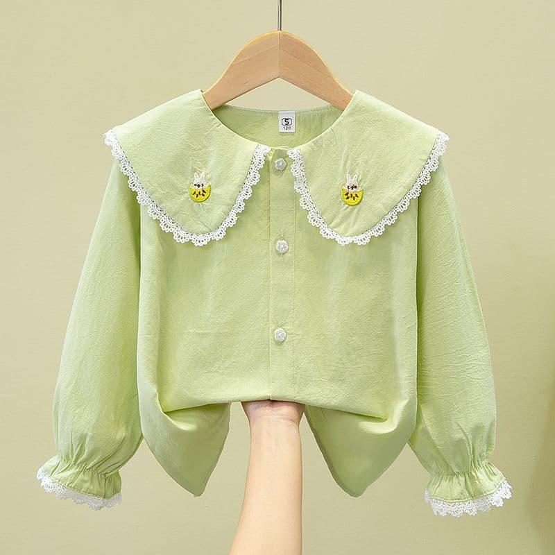 Girls Peter Pan Blouse New Spring Autumn Long Sleeve Lace Cotton Korean Top